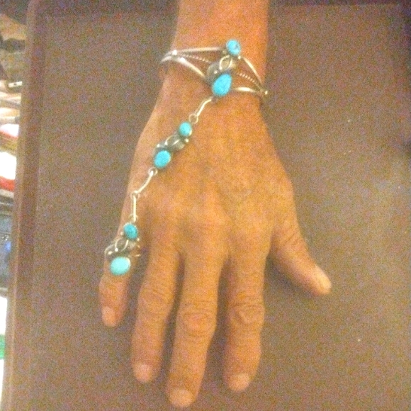 Silver and Turquoise Slave Bracelet signed LH Sterling - Picture 1 of 2